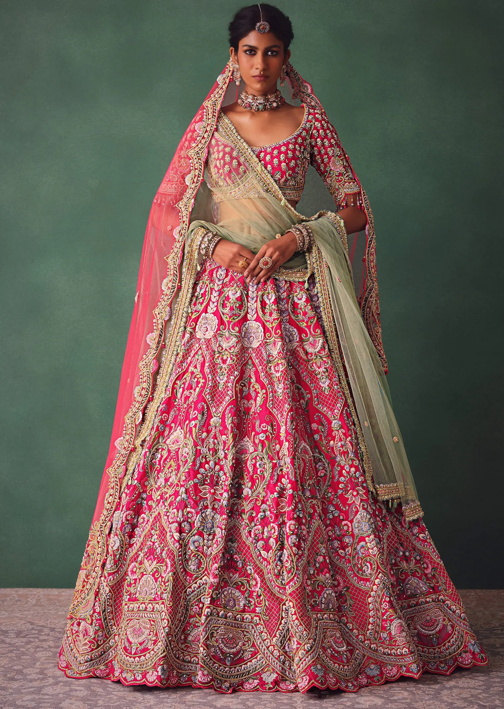 Rose Pink Bridal Lehenga With Scoop Neckline Blouse And Hand Work Dupatta