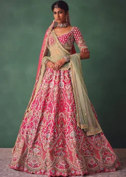Rose Pink Bridal Lehenga With Scoop Neckline Blouse And Hand Work Dupatta