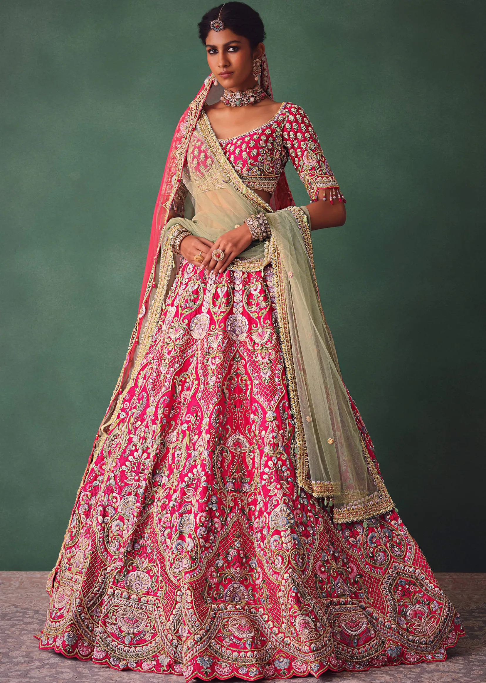 Rose Pink Bridal Lehenga With Scoop Neckline Blouse And Hand Work Dupatta