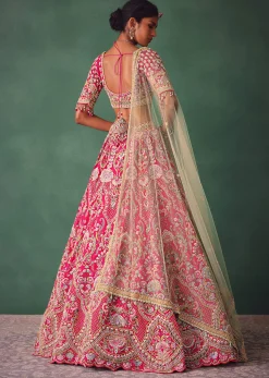 Rose Pink Bridal Lehenga With Scoop Neckline Blouse And Hand Work Dupatta