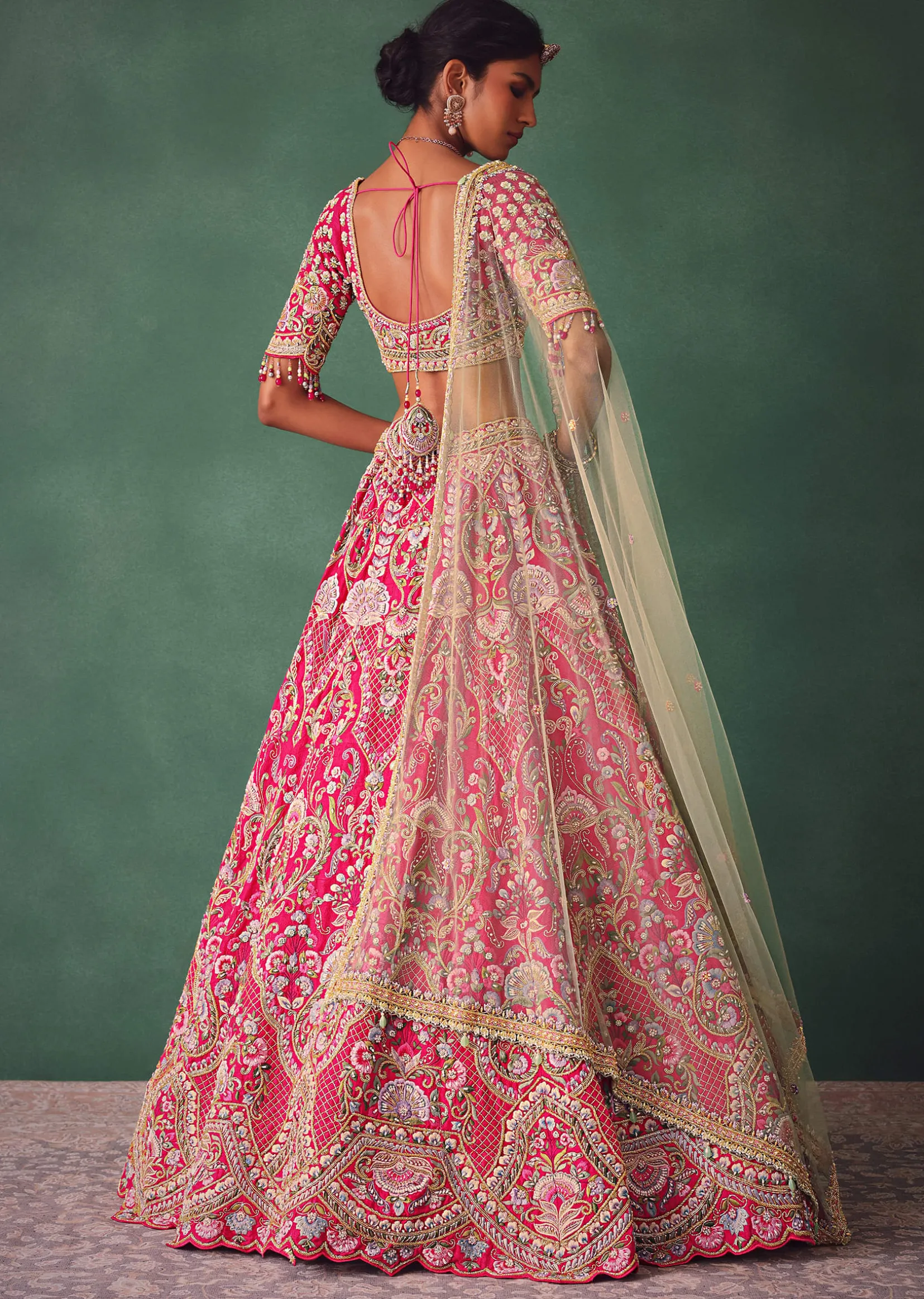 Rose Pink Bridal Lehenga With Scoop Neckline Blouse And Hand Work Dupatta
