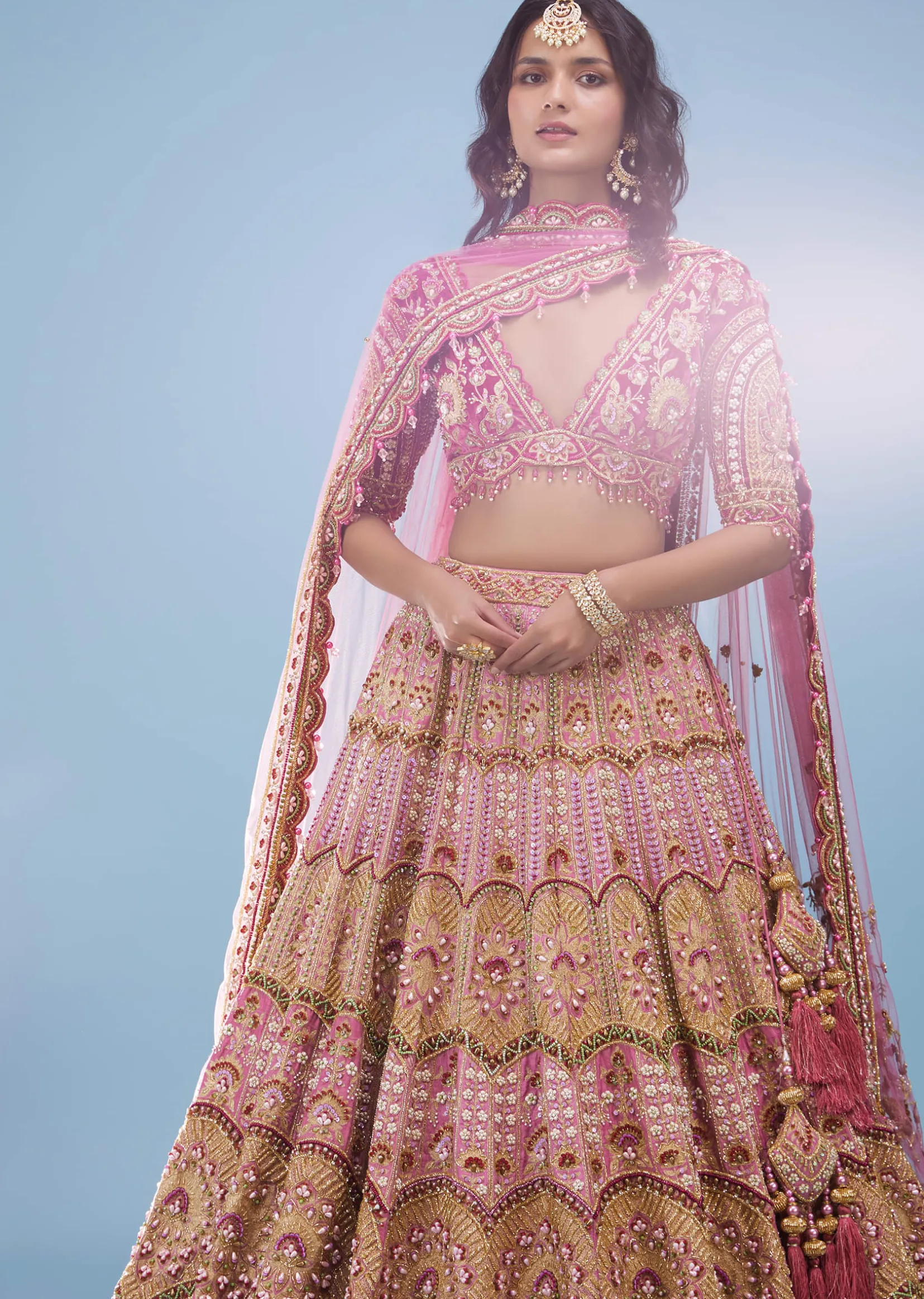 Rose Pink Junoesque Bridal Lehenga In Raw Silk With Heavy Embroidery - NOOR 2022