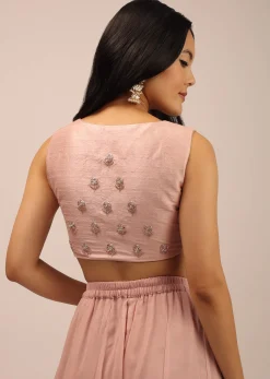 Rose Pink Padded Blouse With Overlapping Design Adorned In zardosi Work In Floral Pattern