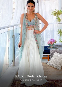 Roshni Chopra In Blue Embroidered Crop Top With White Palazzo Suit