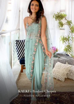 Roshni Chopra In Kalki Sage Green Dhoti Suit With A Raw Silk Crop Top Adorned Using Vibrant Resham Embroidered Summer Blooms