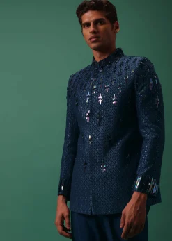 Royal Blue Bandhgala Jacket Set With Hand Embroidery