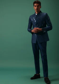 Royal Blue Bandhgala Jacket Set With Hand Embroidery