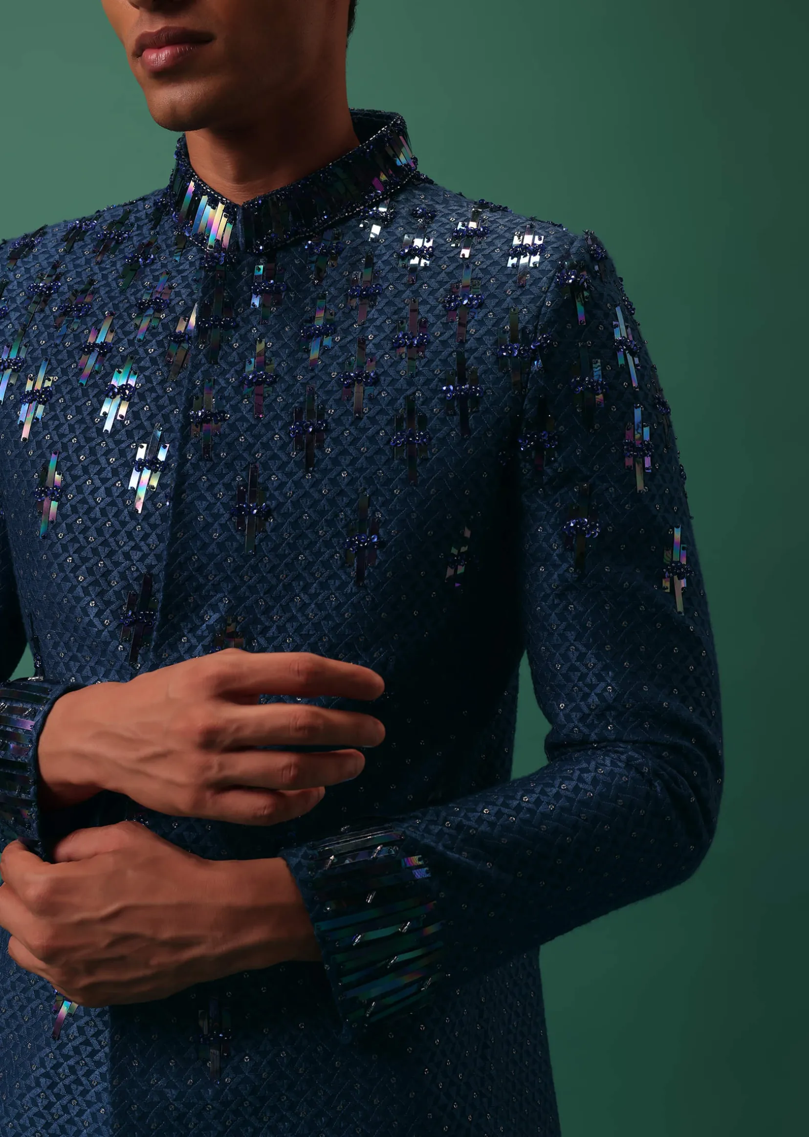Royal Blue Bandhgala Jacket Set With Hand Embroidery