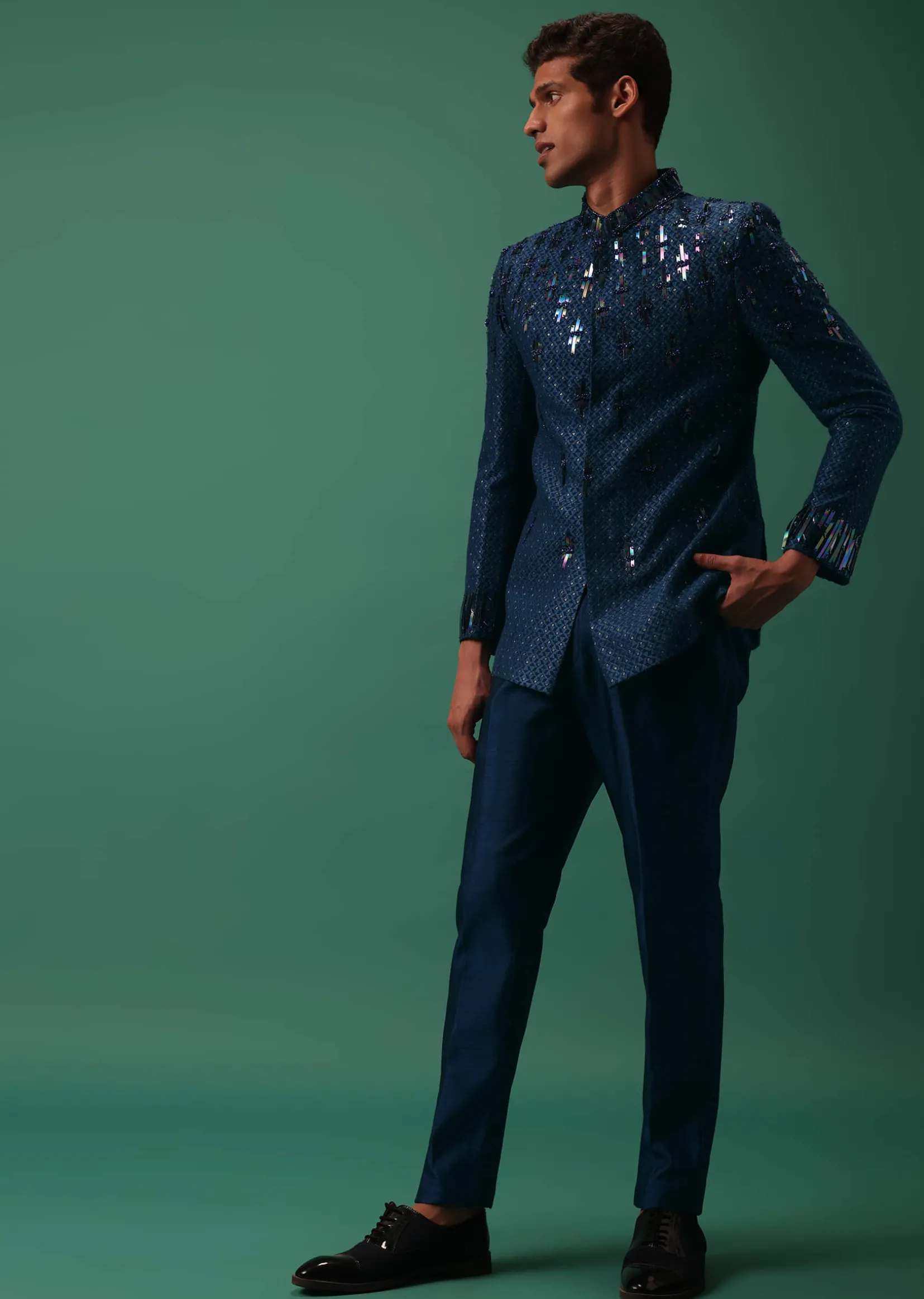 Royal Blue Bandhgala Jacket Set With Hand Embroidery