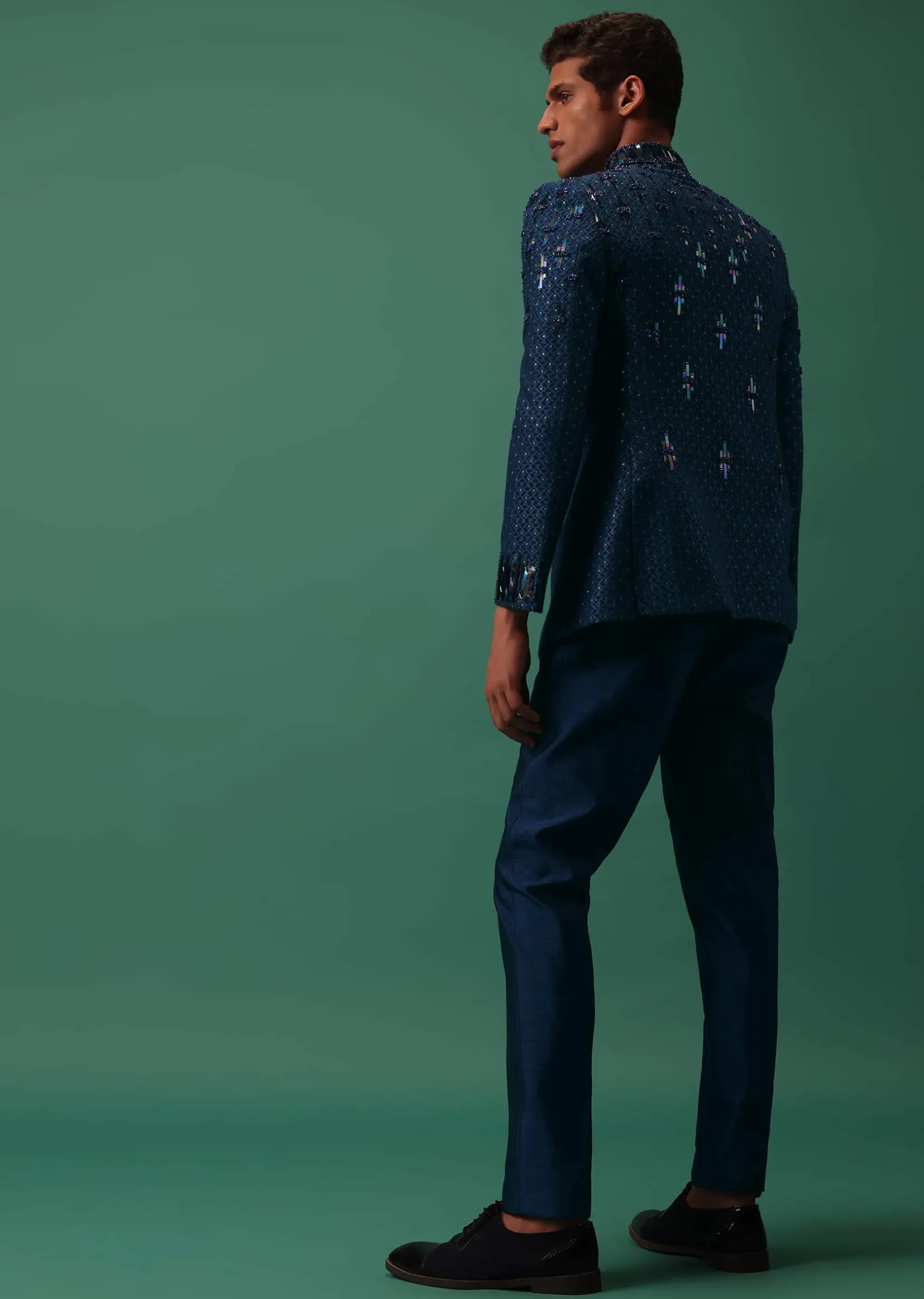 Royal Blue Bandhgala Jacket Set With Hand Embroidery