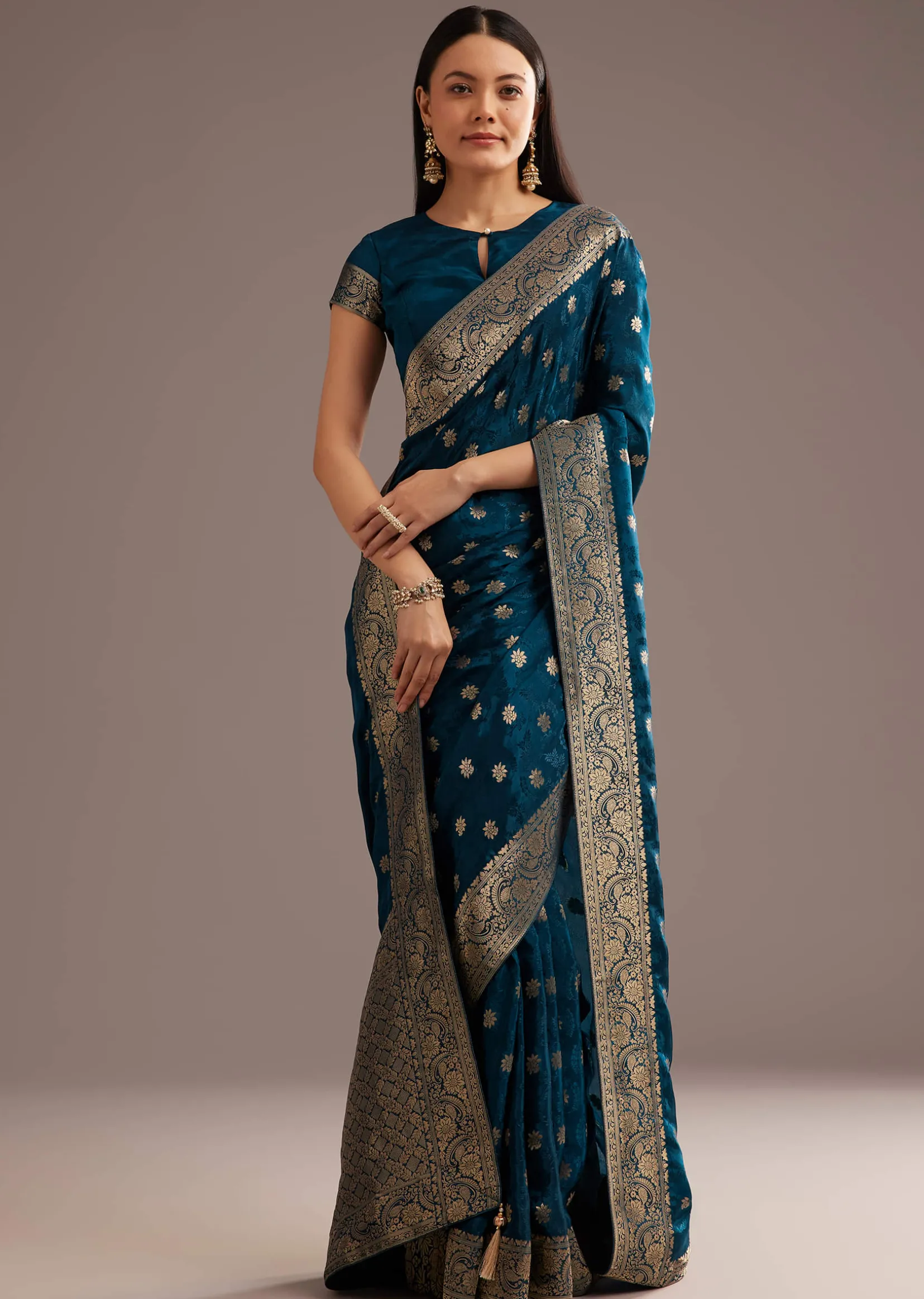 Royal Blue Jaquard Silk Saree With Zari Butti And Brocade Border