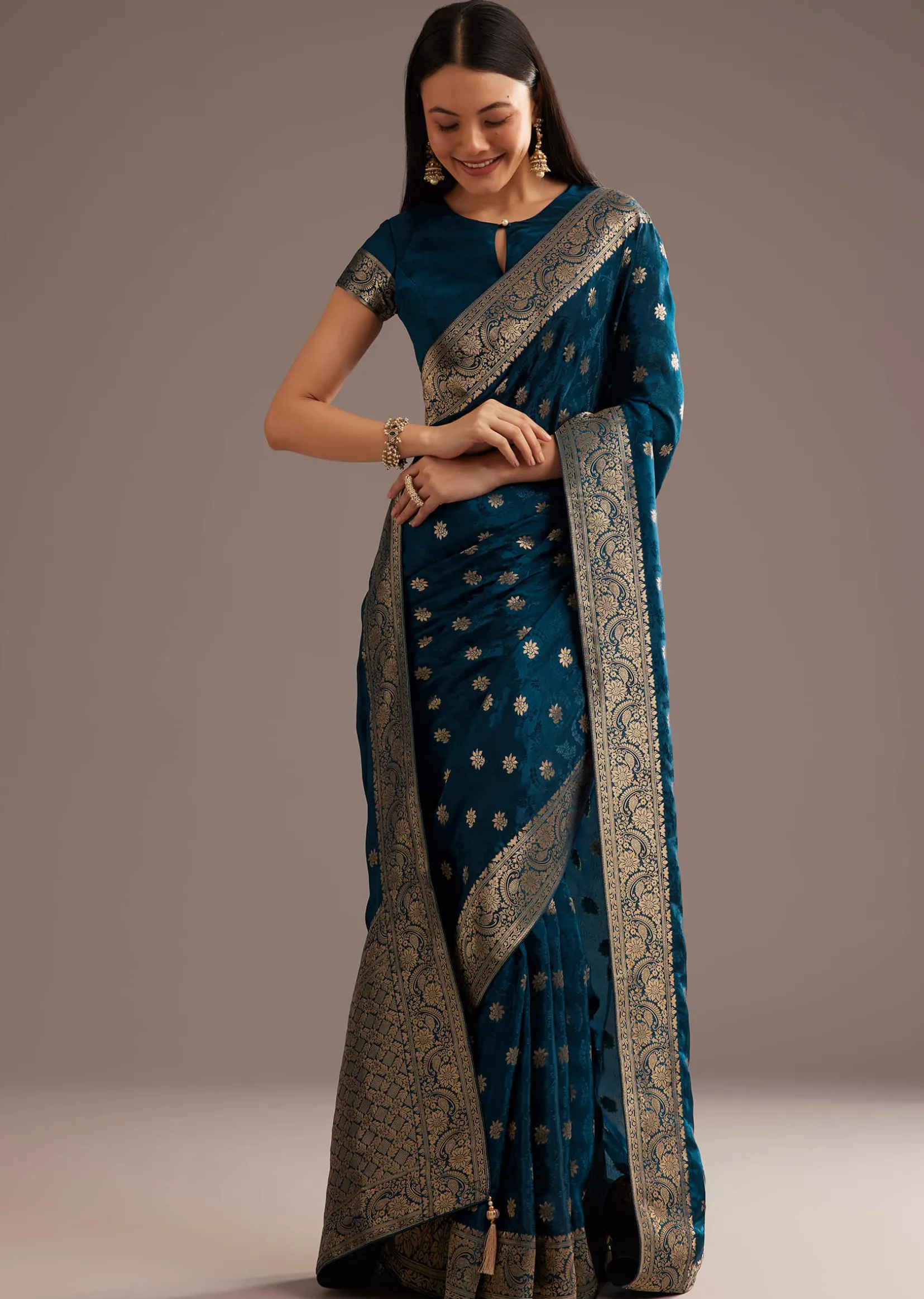 Royal Blue Jaquard Silk Saree With Zari Butti And Brocade Border