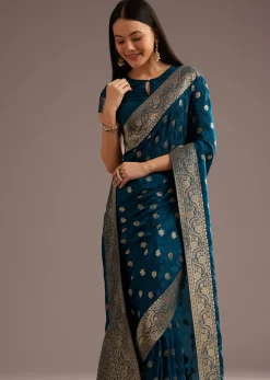 Royal Blue Jaquard Silk Saree With Zari Butti And Brocade Border