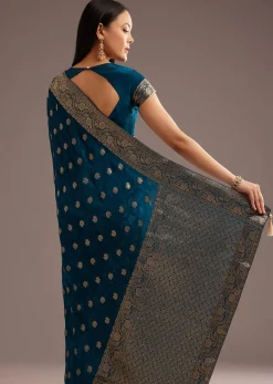 Royal Blue Jaquard Silk Saree With Zari Butti And Brocade Border