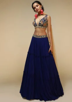 Royal Blue Lehenga Choli With Plunging Neckline And Hand Embroidered Using Multi Colored Beads And Resham