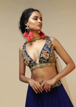 Royal Blue Lehenga Choli With Plunging Neckline And Hand Embroidered Using Multi Colored Beads And Resham
