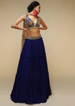 Royal Blue Lehenga Choli With Plunging Neckline And Hand Embroidered Using Multi Colored Beads And Resham