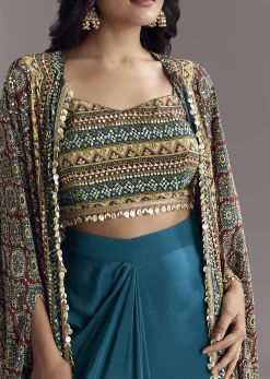 Royal Blue Printed Crop Top Skirt Set With Ajrakh Cape