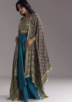 Royal Blue Printed Crop Top Skirt Set With Ajrakh Cape