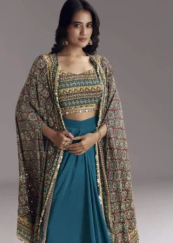Royal Blue Printed Crop Top Skirt Set With Ajrakh Cape