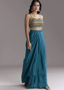 Royal Blue Printed Crop Top Skirt Set With Ajrakh Cape