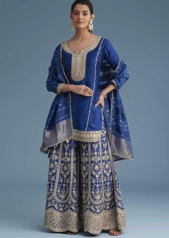 Royal Blue Silk Palazzo Set With Zari And Sequins Work