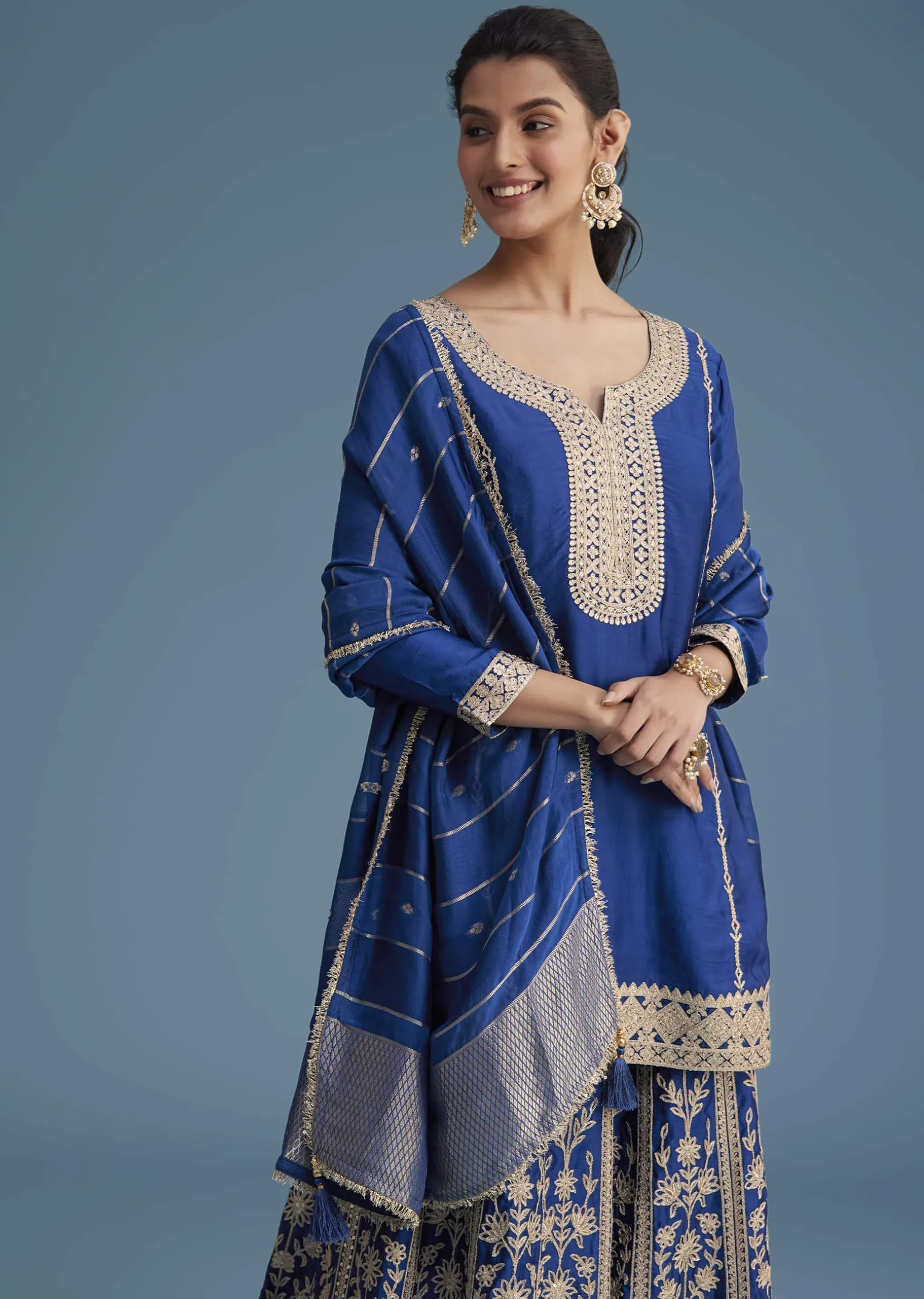 Royal Blue Silk Palazzo Set With Zari And Sequins Work