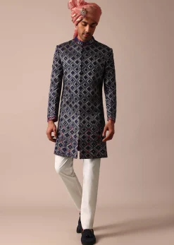 Royal Blue Silk Sherwani With Intricate Neckline Embroidery