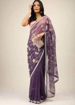 Royal Purple Saree In Organza With Moti, Resham And Cord Embroidered Floral Motifs On The Pallu