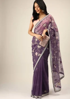 Royal Purple Saree In Organza With Moti, Resham And Cord Embroidered Floral Motifs On The Pallu