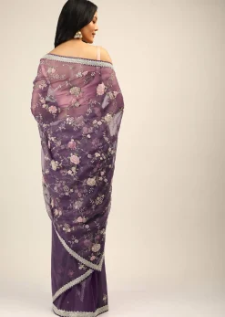 Royal Purple Saree In Organza With Moti, Resham And Cord Embroidered Floral Motifs On The Pallu