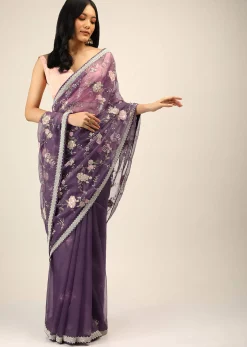 Royal Purple Saree In Organza With Moti, Resham And Cord Embroidered Floral Motifs On The Pallu