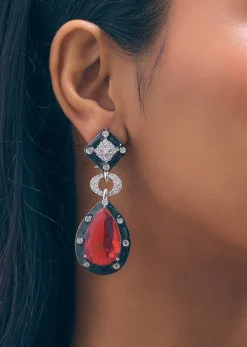 Ruby Dangler Earrings With Enamel Work In Mix Metal