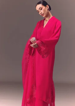 Ruby Pink Organza Kurta Set With Bell Sleeves
