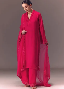 Ruby Pink Organza Kurta Set With Bell Sleeves
