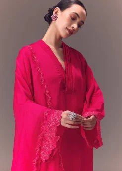 Ruby Pink Organza Kurta Set With Bell Sleeves