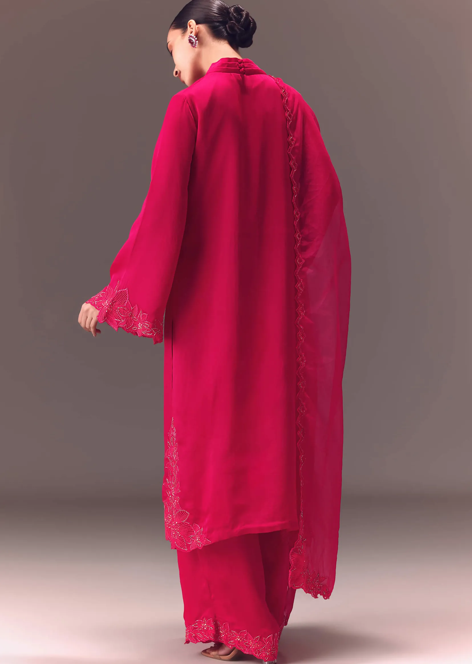 Ruby Pink Organza Kurta Set With Bell Sleeves