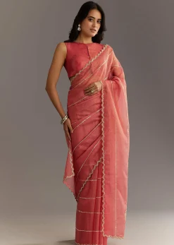 Rush Peach Crushed Tissue Saree With Scallop Embroidered Border
