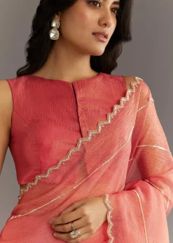 Rush Peach Crushed Tissue Saree With Scallop Embroidered Border