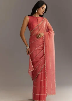 Rush Peach Crushed Tissue Saree With Scallop Embroidered Border