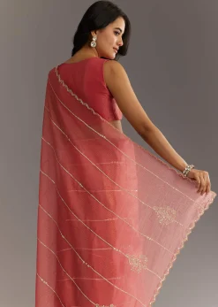 Rush Peach Crushed Tissue Saree With Scallop Embroidered Border
