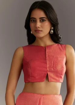Rush Peach Crushed Tissue Saree With Scallop Embroidered Border