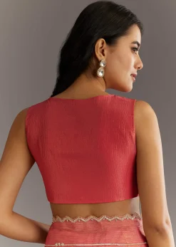 Rush Peach Crushed Tissue Saree With Scallop Embroidered Border