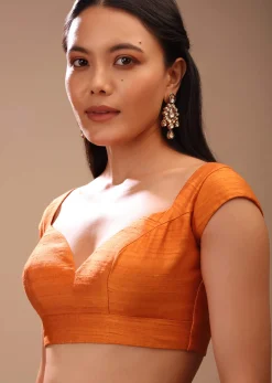 Russet Orange Blouse In Raw Silk With Sweetheart Neckline And Cap Sleeves