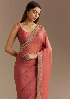Rust Brown Crushed Tissue Saree With Scallop Border And Stone Embroidery