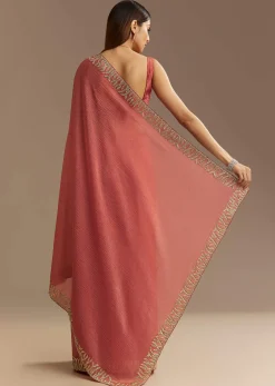 Rust Brown Crushed Tissue Saree With Scallop Border And Stone Embroidery