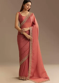 Rust Brown Crushed Tissue Saree With Scallop Border And Stone Embroidery