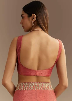 Rust Brown Crushed Tissue Saree With Scallop Border And Stone Embroidery