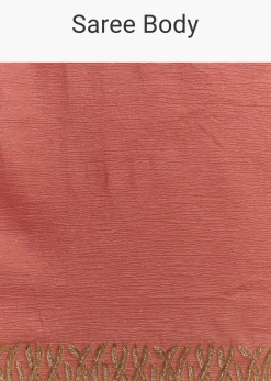 Rust Brown Crushed Tissue Saree With Scallop Border And Stone Embroidery
