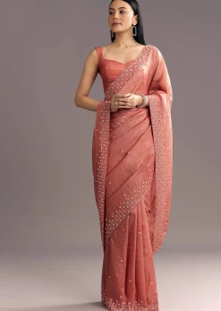 Rust Brown Crushed Tissue Cutdana And Sequin Embroidered Saree